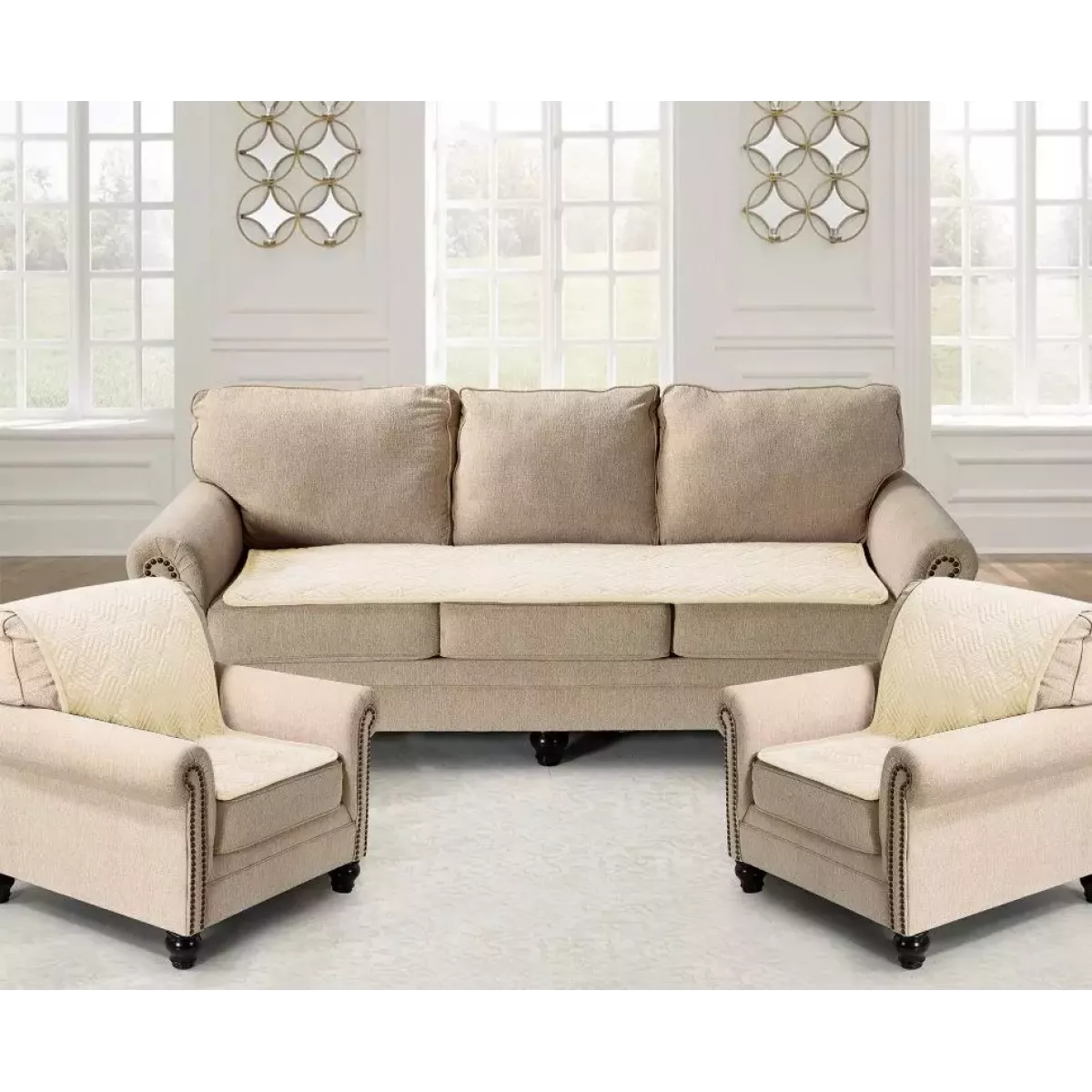 Набор покрывал для мягкой мебели Karteks “Квадрат” молочный (90х210 - 1 шт., 90х160 - 2 шт.)